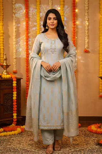 women's grey silk blend banarasi jacquard embroidered