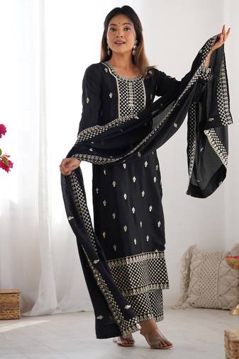 Black color chinon silk three piece kurti suit