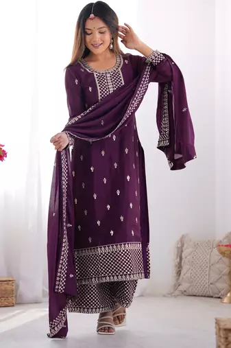 Wine color chinon silk three piece kurti suit