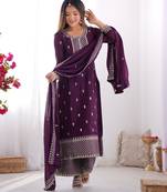 Wine chinon silk three piece kurti suit