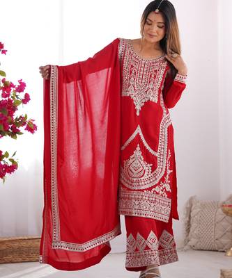 Red vichitra silk three piece kurti suit 1