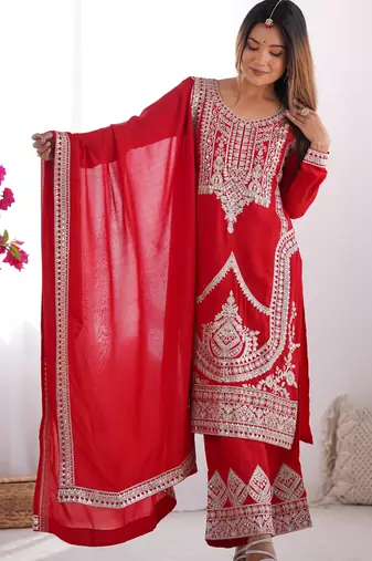 Red color vichitra silk three piece kurti suit
