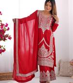 Red vichitra silk three piece kurti suit