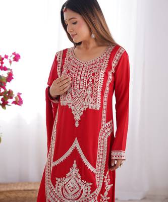 Red vichitra silk three piece kurti suit 2