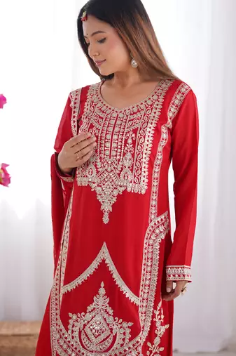 Red vichitra silk three piece kurti suit