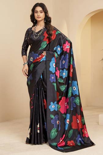 abstract printed art silk crepe saree with printed blouse
