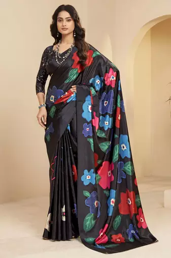 abstract printed art silk crepe saree with printed blouse