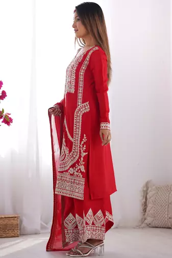Red vichitra silk three piece kurti suit