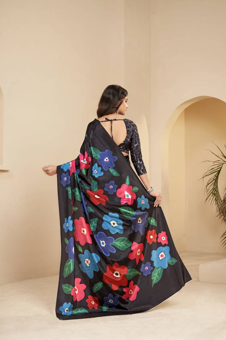 abstract printed art silk crepe saree with printed blouse