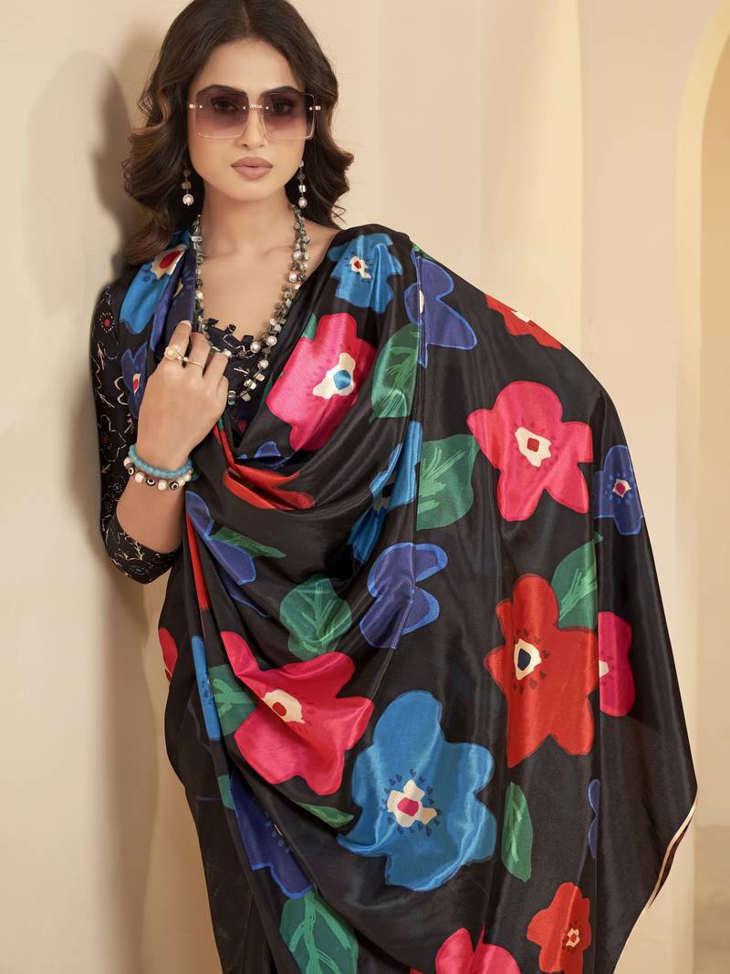 abstract printed art silk crepe saree with printed blouse