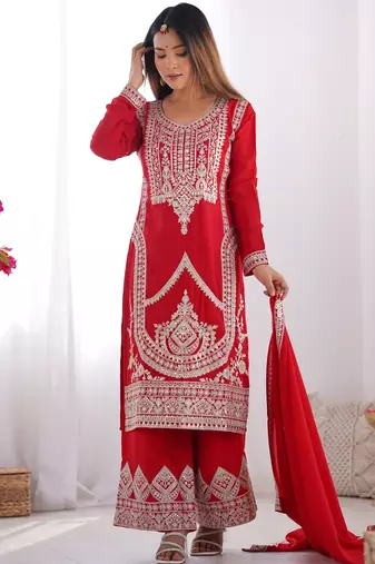 Red vichitra silk three piece kurti suit
