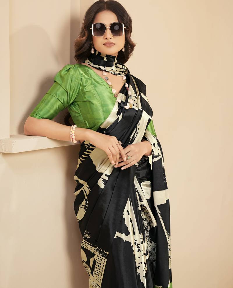 abstract printed art silk crepe saree with printed blouse