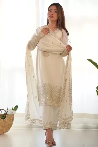 White color chinon silk three piece kurti suit