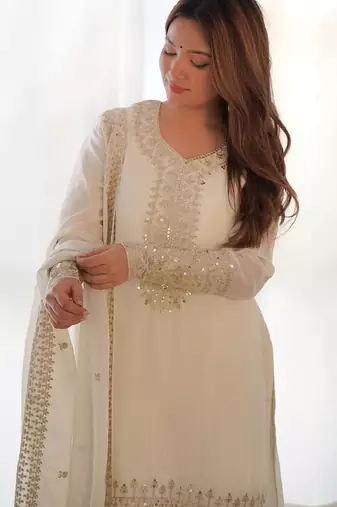 White chinon silk three piece kurti suit