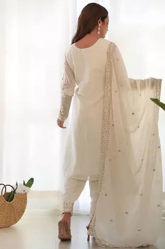White chinon silk three piece kurti suit