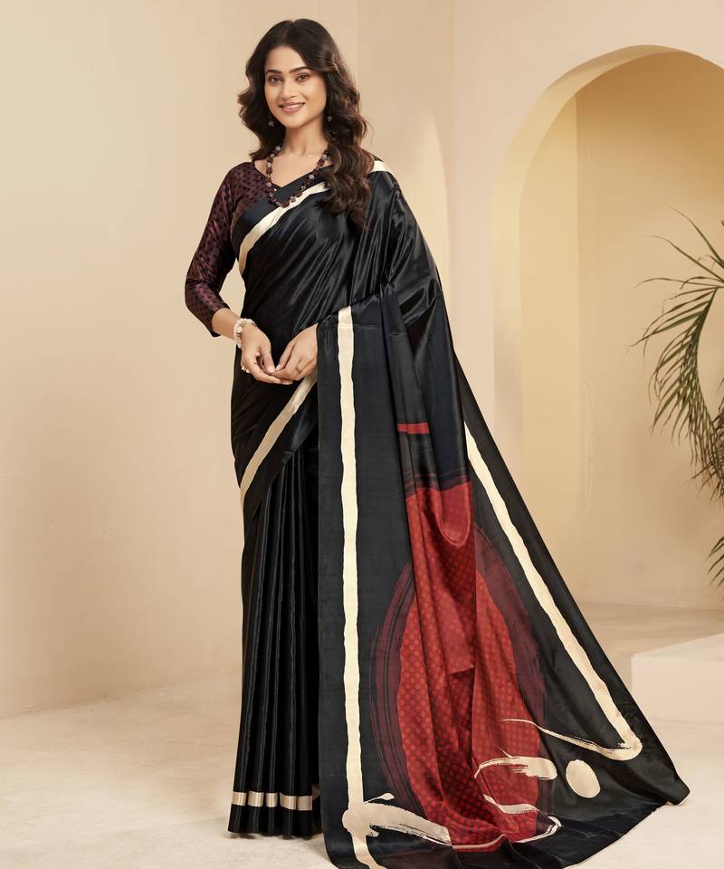 abstract printed art silk crepe saree with printed blouse