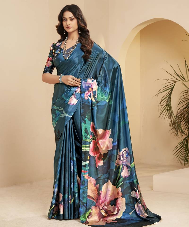 abstract printed art silk crepe saree with printed blouse