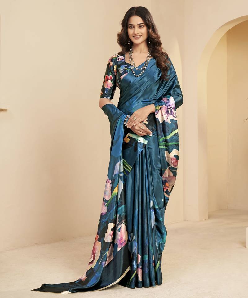 abstract printed art silk crepe saree with printed blouse