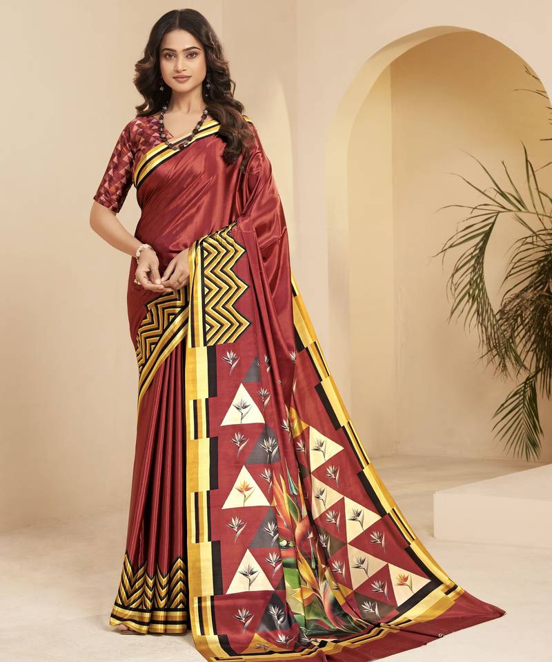 abstract printed art silk crepe saree with printed blouse