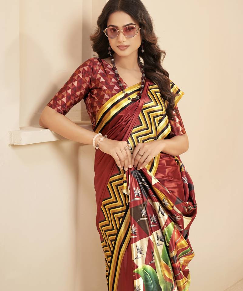 abstract printed art silk crepe saree with printed blouse