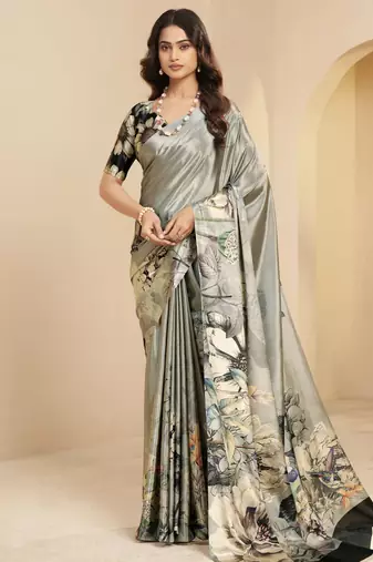 abstract printed art silk crepe saree with printed blouse