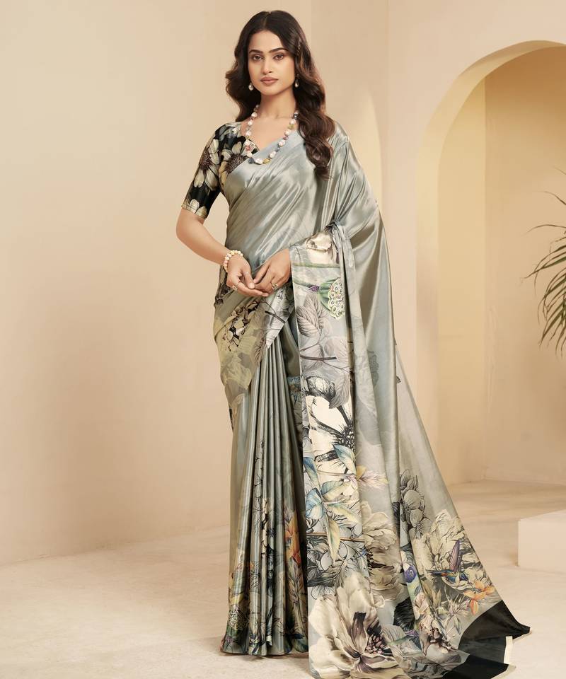 abstract printed art silk crepe saree with printed blouse