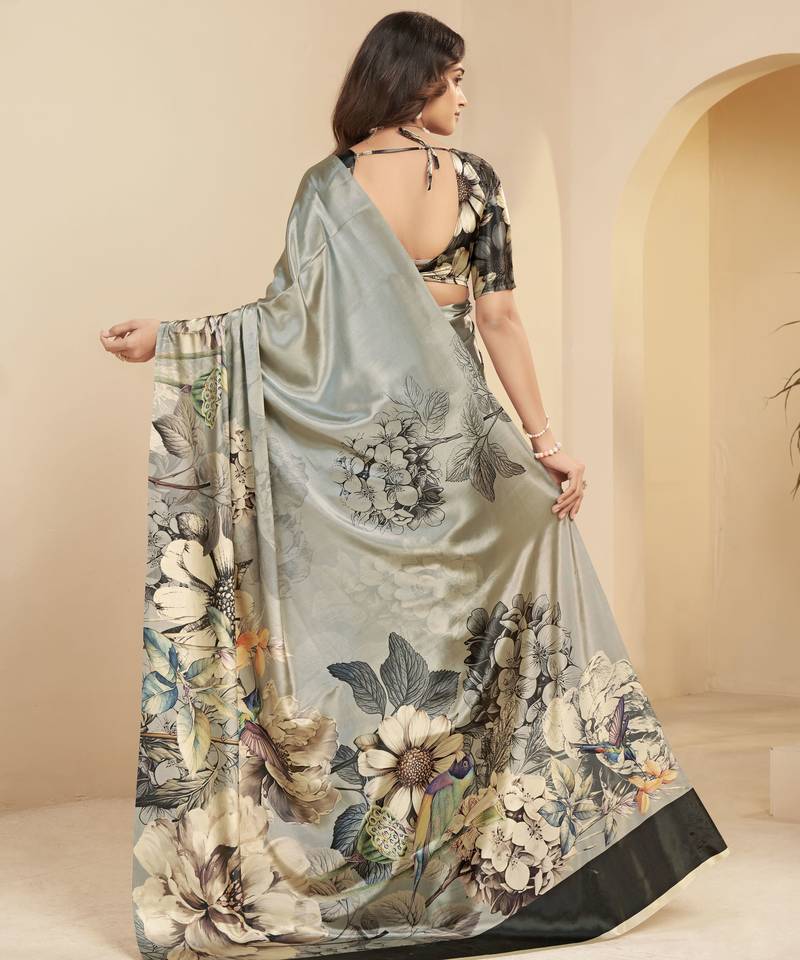 abstract printed art silk crepe saree with printed blouse