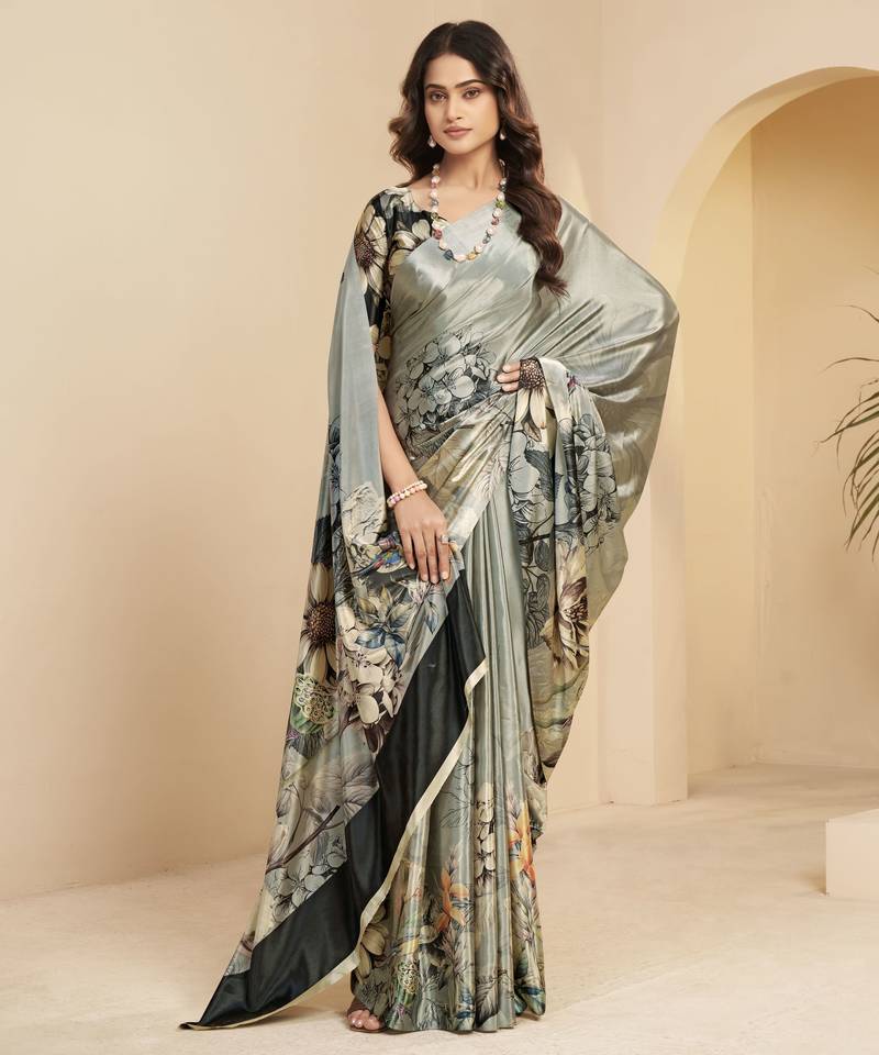 abstract printed art silk crepe saree with printed blouse