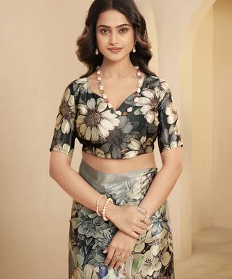 abstract printed art silk crepe saree with printed blouse 4