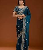 Blue color fendi satin embroidered work saree with blouse