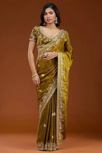 Mehandi color fendi satin embroidered work saree with blouse