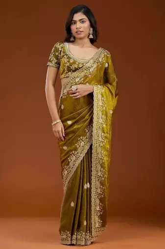 Mehandi color fendi satin embroidered work saree with blouse