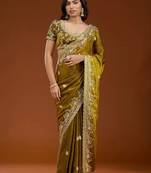 Mehandi color fendi satin embroidered work saree with blouse