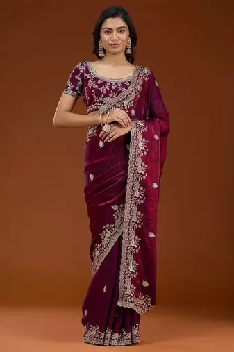 Purple color fendi satin embroidered work saree with blouse