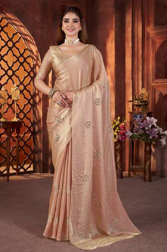Chiku color fendi satin embroidered work saree with blouse