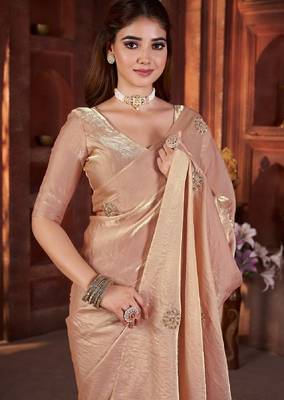 Chiku fendi satin embroidered work saree with blouse 3