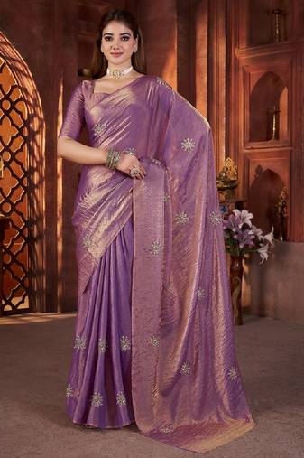 Purple color fendi satin embroidered work saree with blouse
