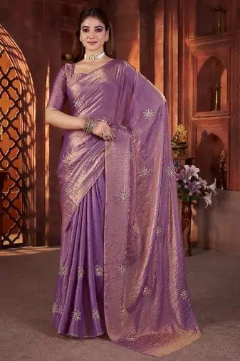 Purple color fendi satin embroidered work saree with blouse