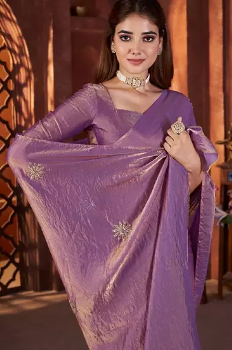 Purple color fendi satin embroidered work saree with blouse