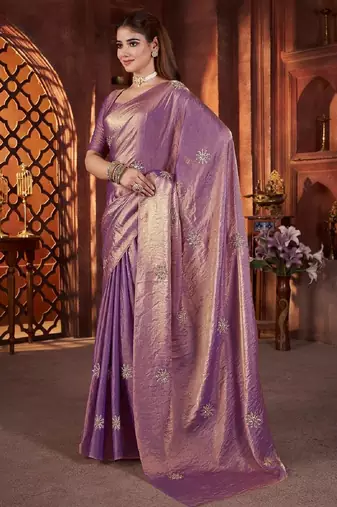 Purple color fendi satin embroidered work saree with blouse