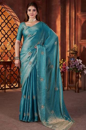 Sky blue color fendi satin embroidered work saree with blouse