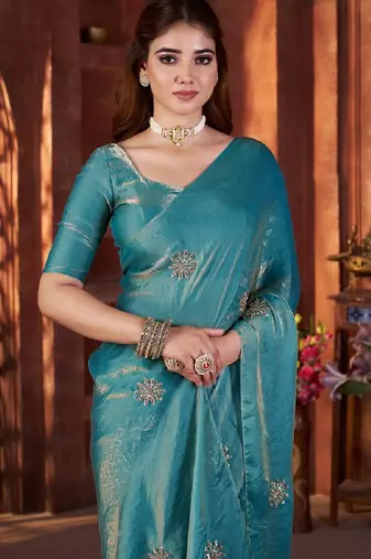 Sky blue color fendi satin embroidered work saree with blouse