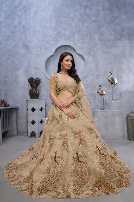 golden embroidered net lehenga choli With Dupatta 4