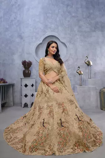 golden embroidered net lehenga choli With Dupatta