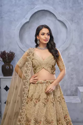 golden embroidered net lehenga choli With Dupatta