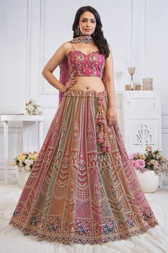 multicolor embroidered net lehenga choli With Dupatta