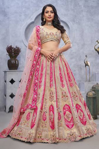 cream embroidered art_silk lehenga choli With Dupatta