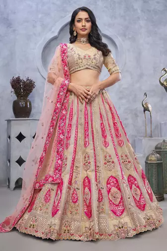 cream embroidered art_silk lehenga choli With Dupatta