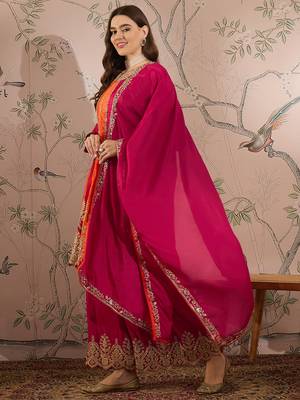 Pink & orange embroidered anarkali kurta palazzo set with dupatta  4