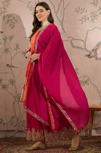 Pink & orange embroidered anarkali kurta palazzo set with dupatta 
